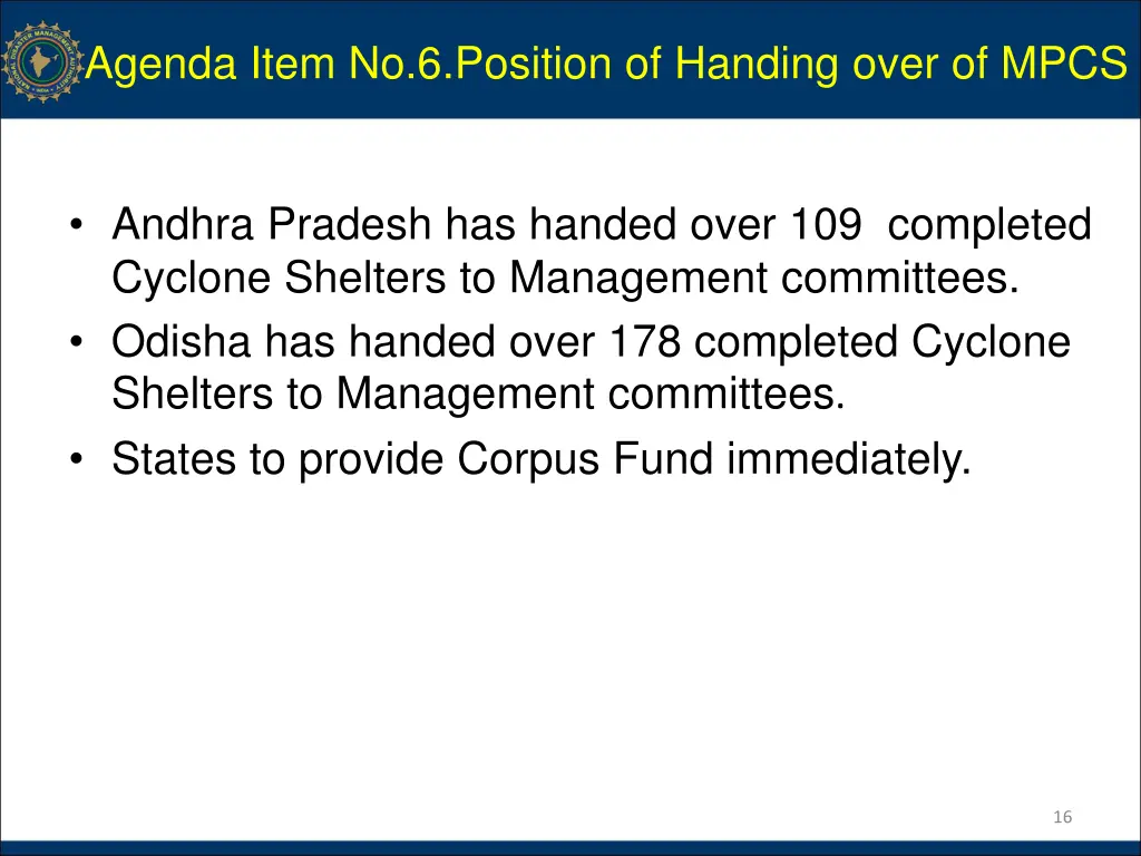 agenda item no 6 position of handing over of mpcs