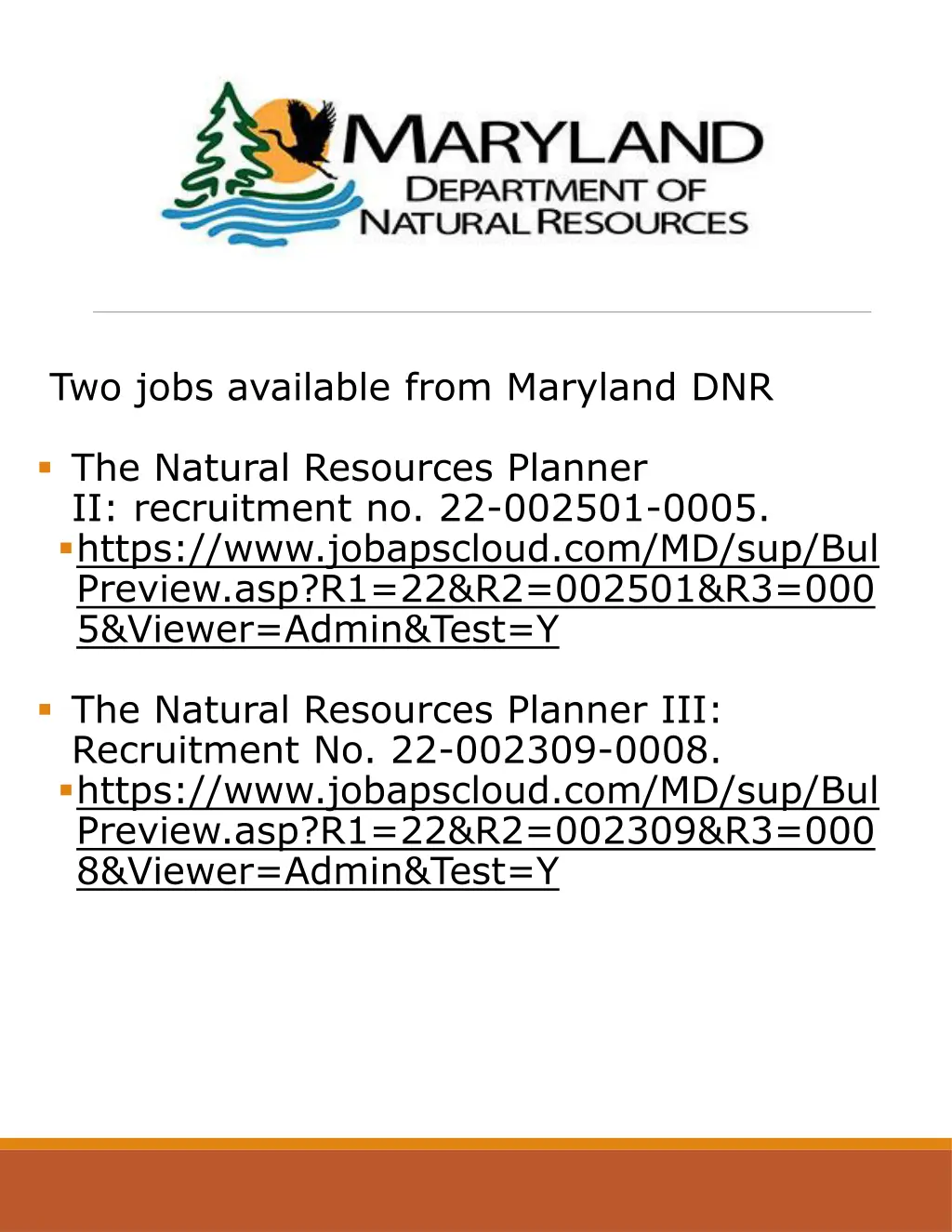 two jobs available from maryland dnr