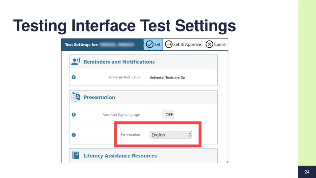 testing interface test settings