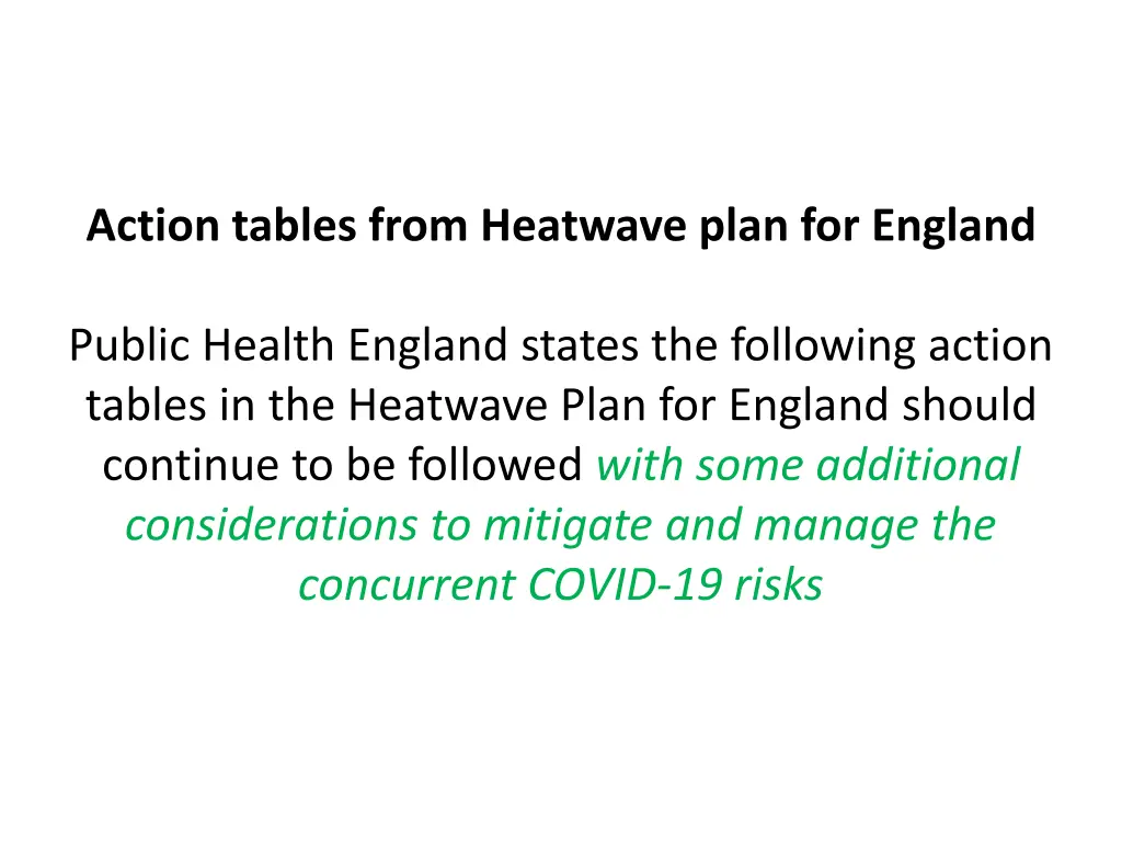 action tables from heatwave plan for england