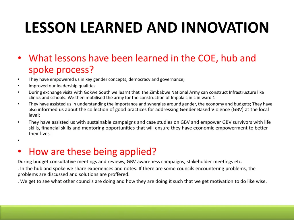 lesson learned and innovation