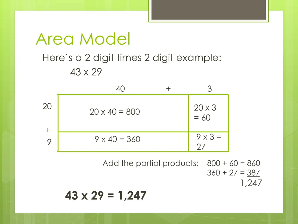area model here s a 2 digit times 2 digit example