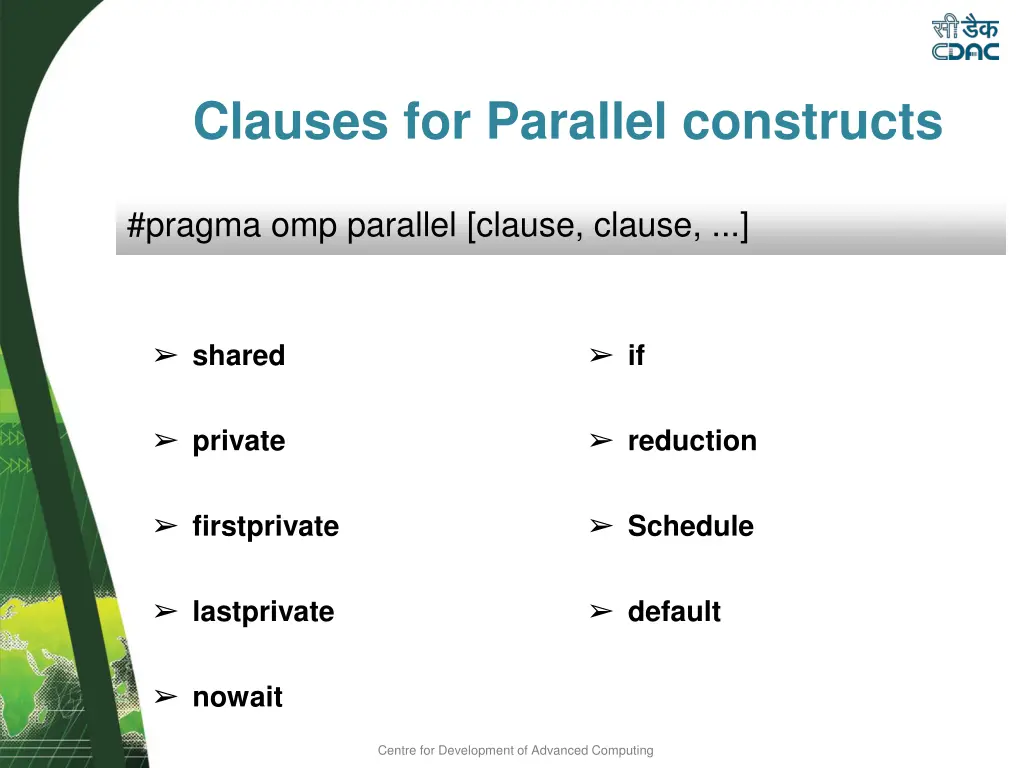 clauses for parallel constructs