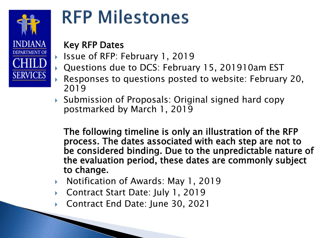 key rfp dates issue of rfp february 1 2019