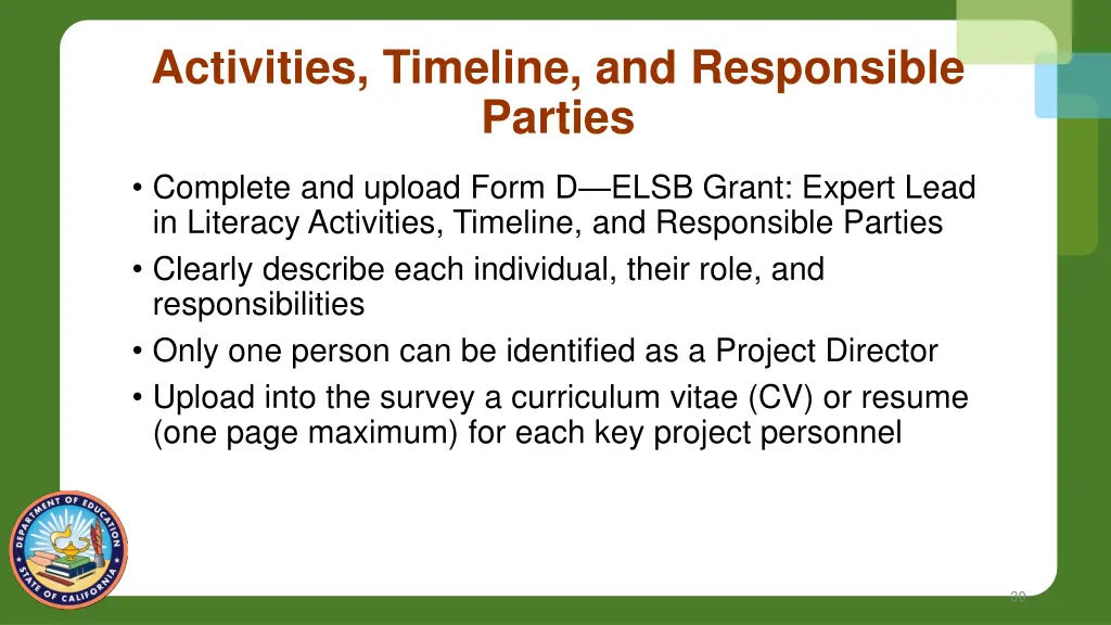 activities timeline and responsible parties