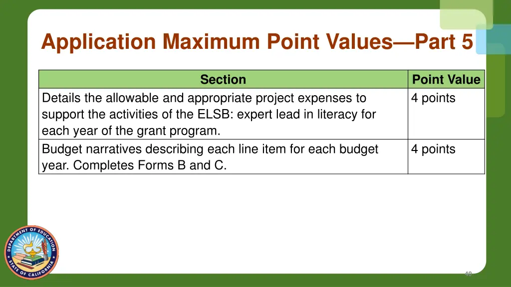 application maximum point values part 5