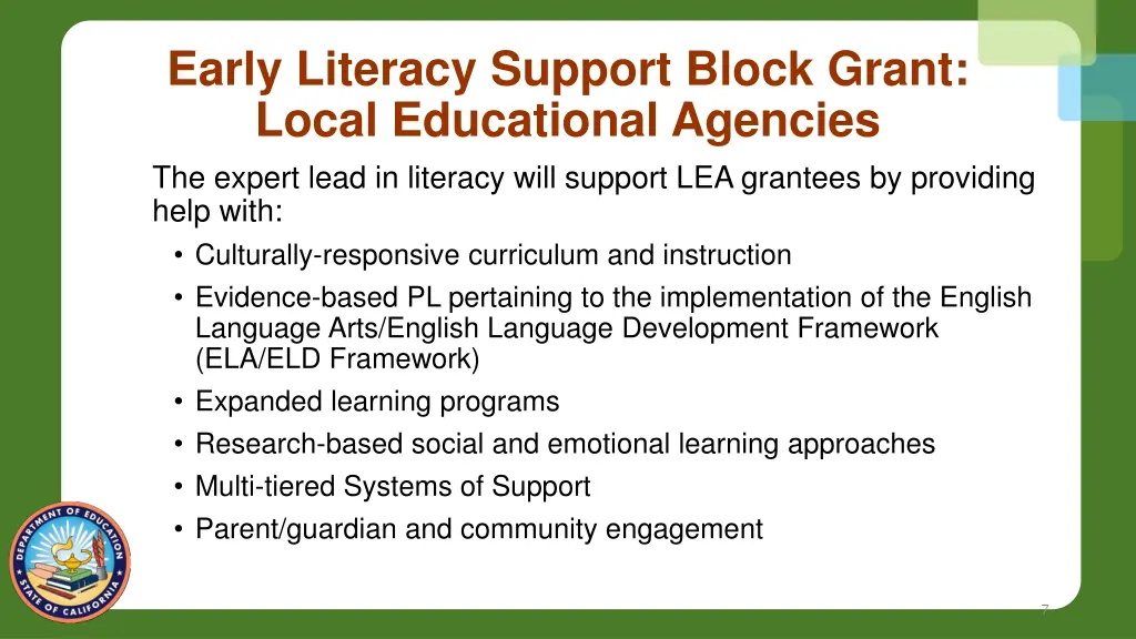 early literacy support block grant local 1