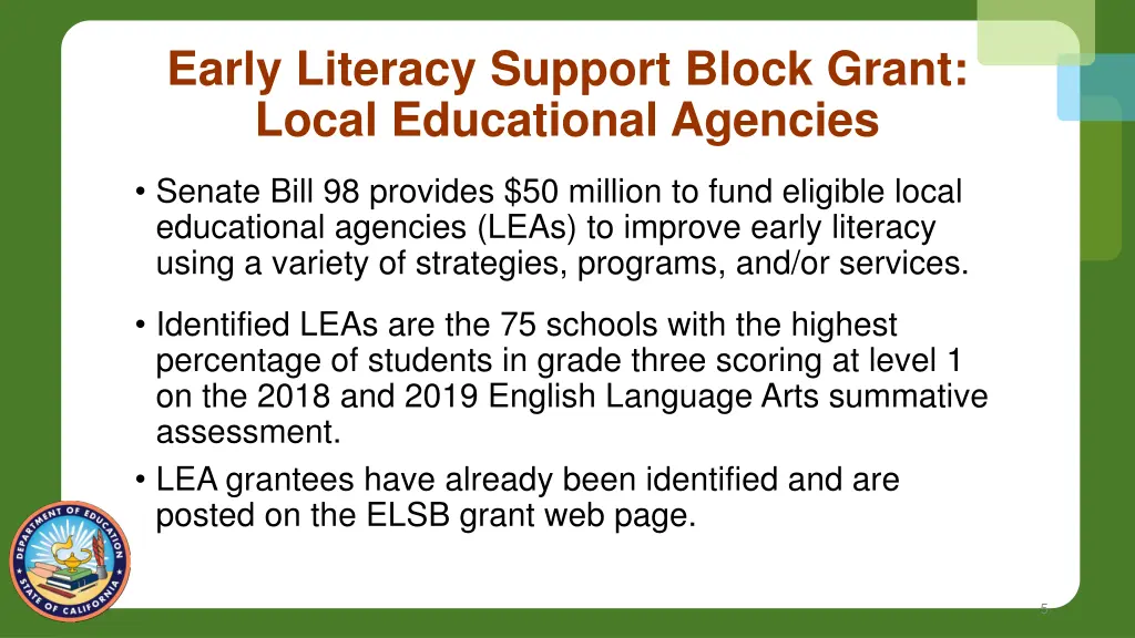 early literacy support block grant local