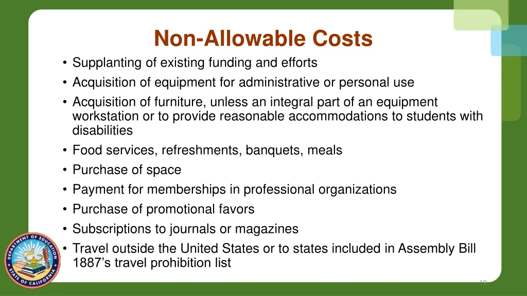 non allowable costs supplanting of existing