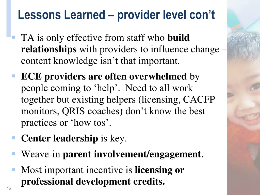 lessons learned provider level con t