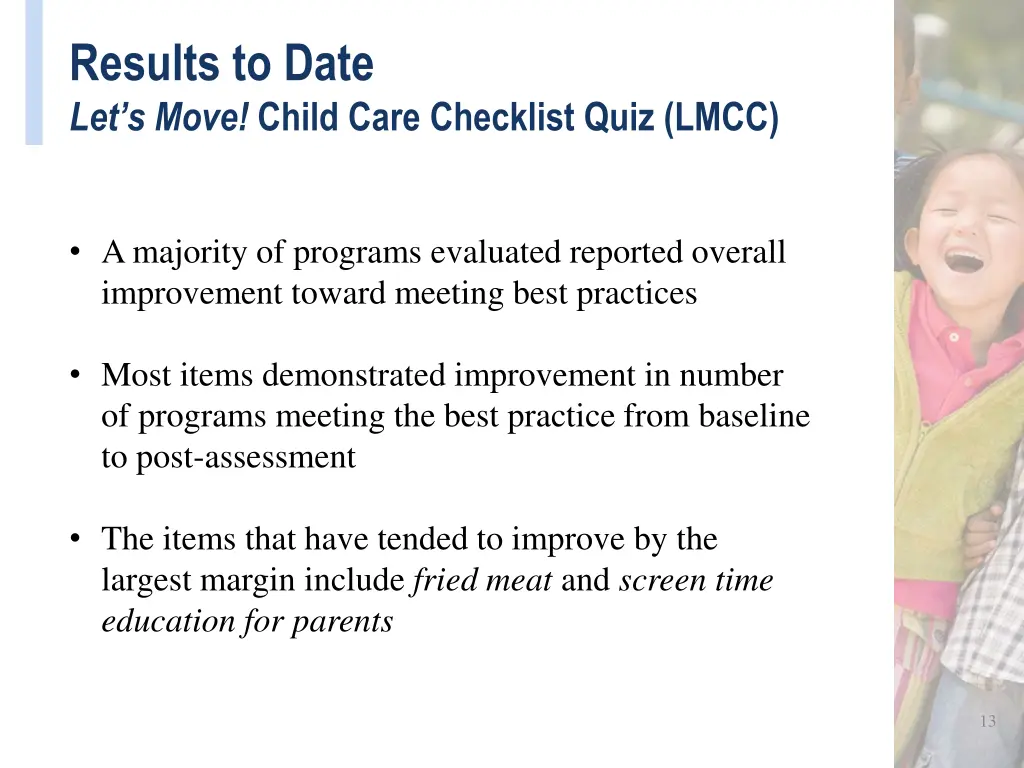 results to date let s move child care checklist