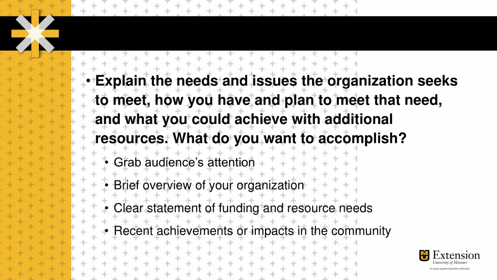 explain the needs and issues the organization