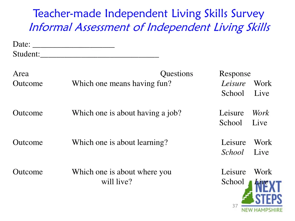 teacher made independent living skills survey