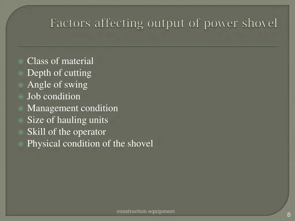 class of material depth of cutting angle of swing