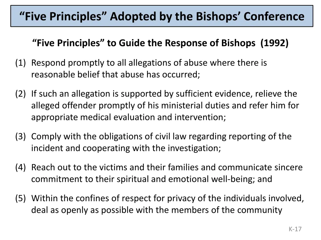five principles adopted by the bishops conference