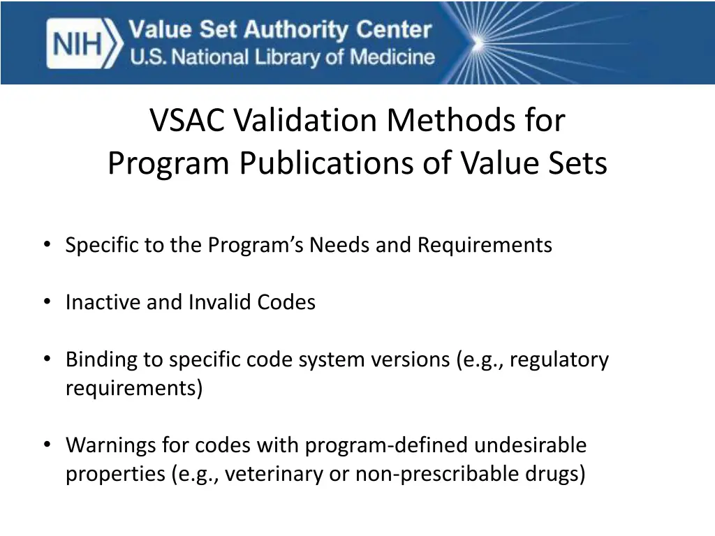vsac validation methods for program publications
