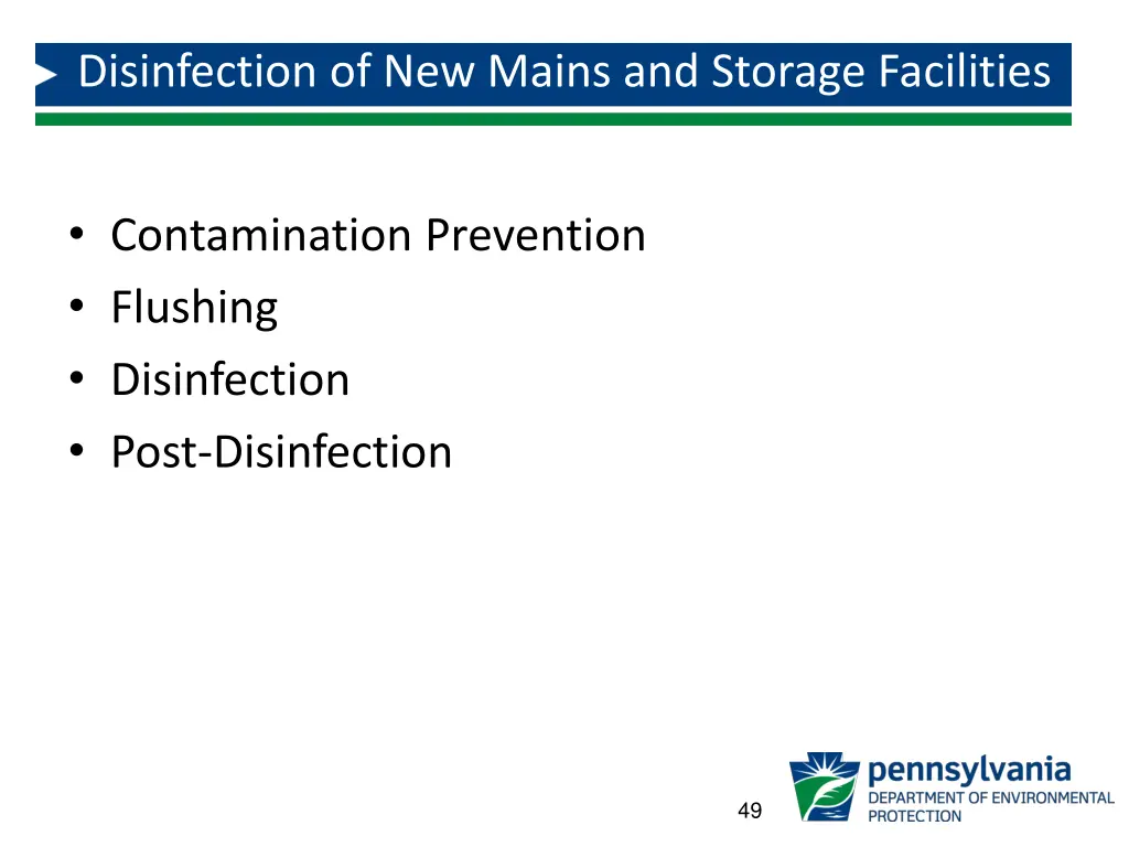 disinfection of new mains and storage facilities