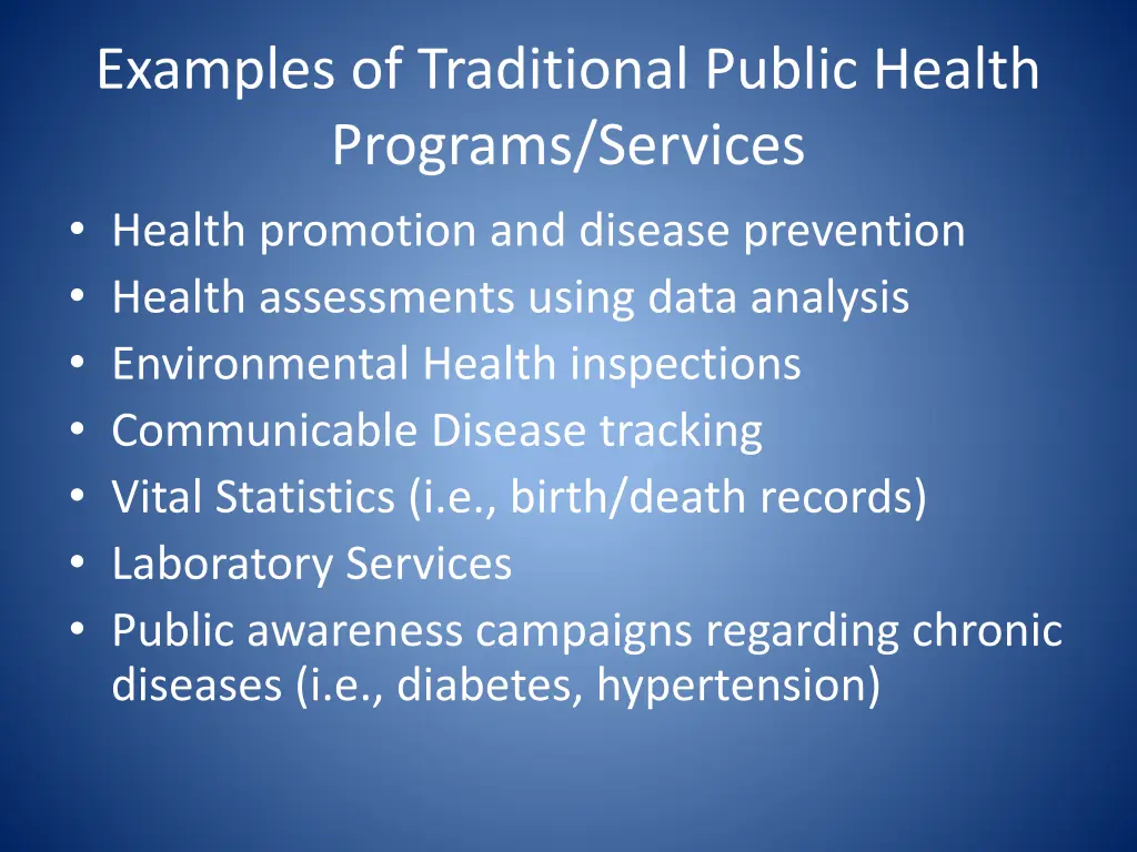 examples of traditional public health programs