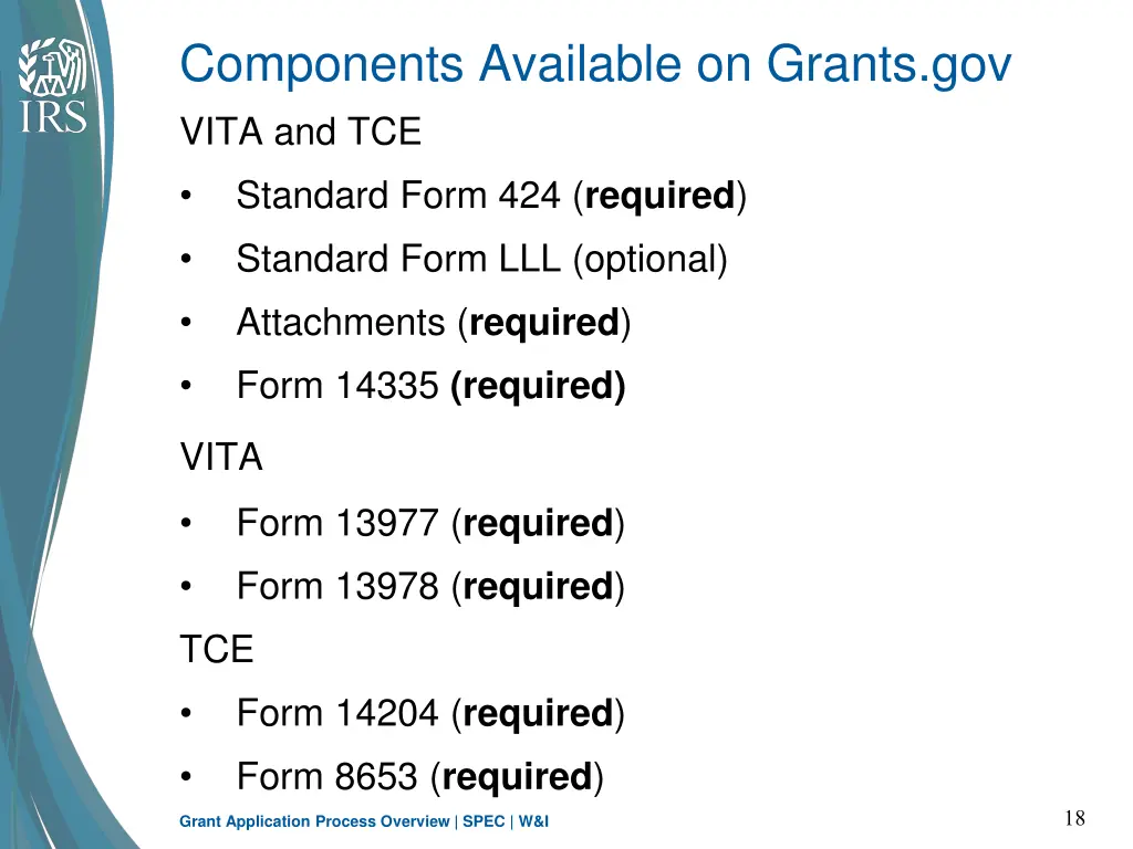 components available on grants gov vita and tce