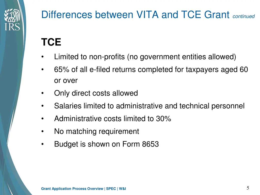 differences between vita and tce grant continued