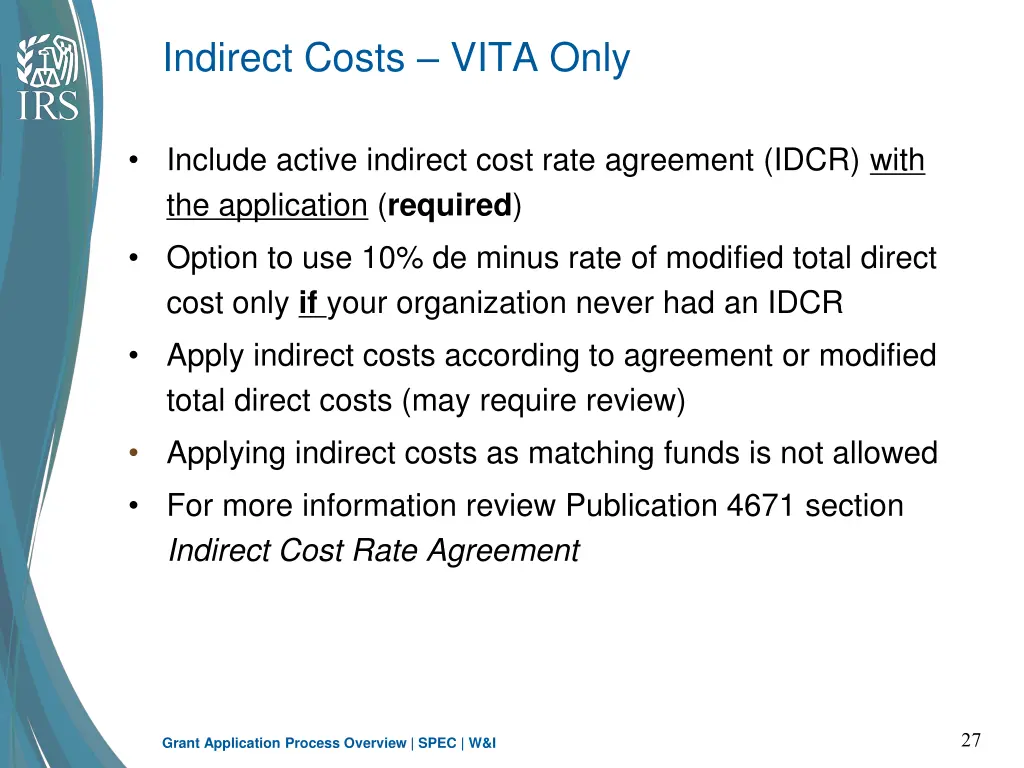 indirect costs vita only