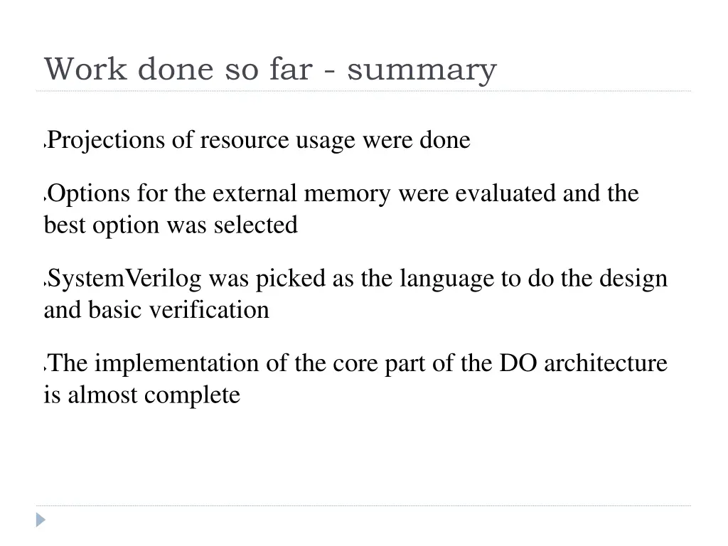 work done so far summary 1