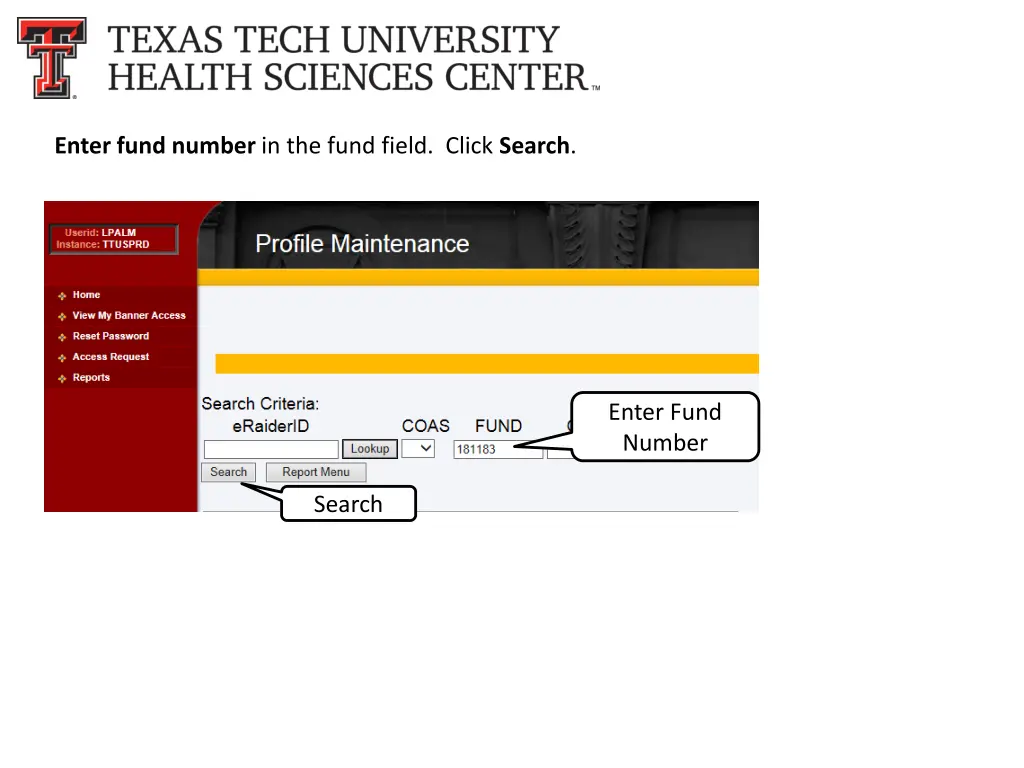 enter fund number in the fund field click search