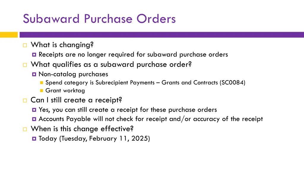 subaward purchase orders