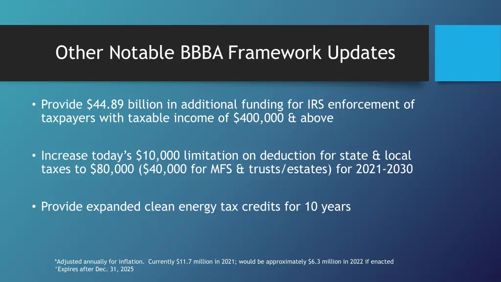 other notable bbba framework updates