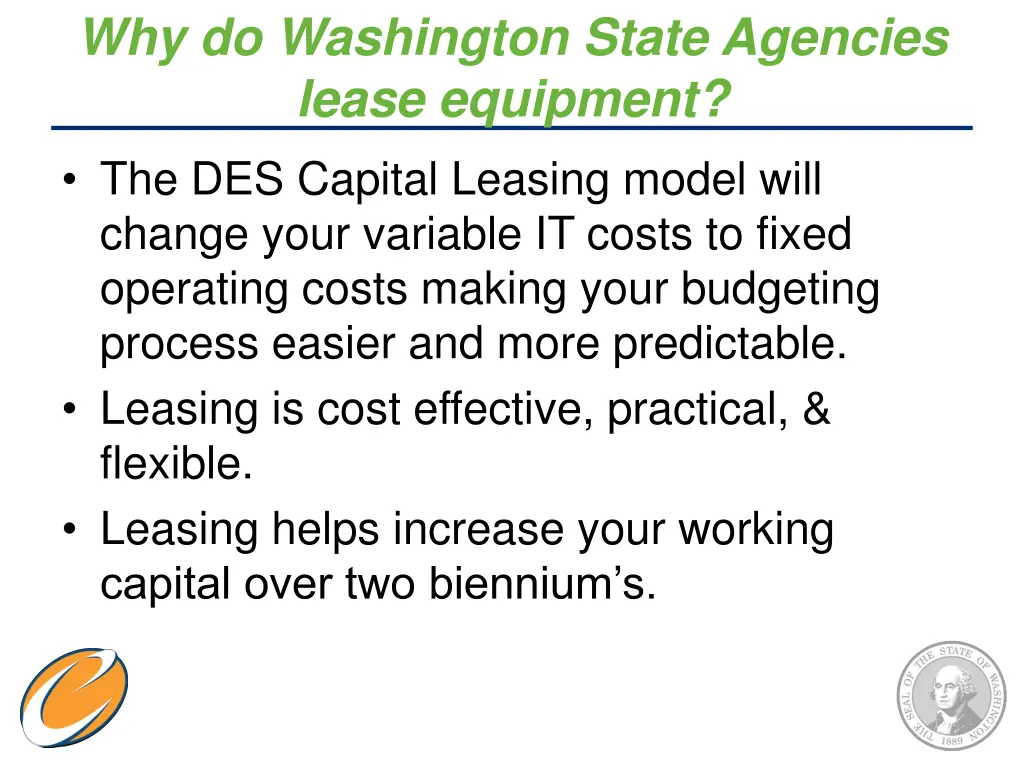 why do washington state agencies lease equipment