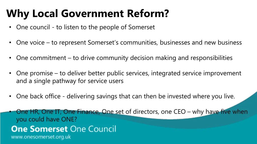 why local government reform one council to listen