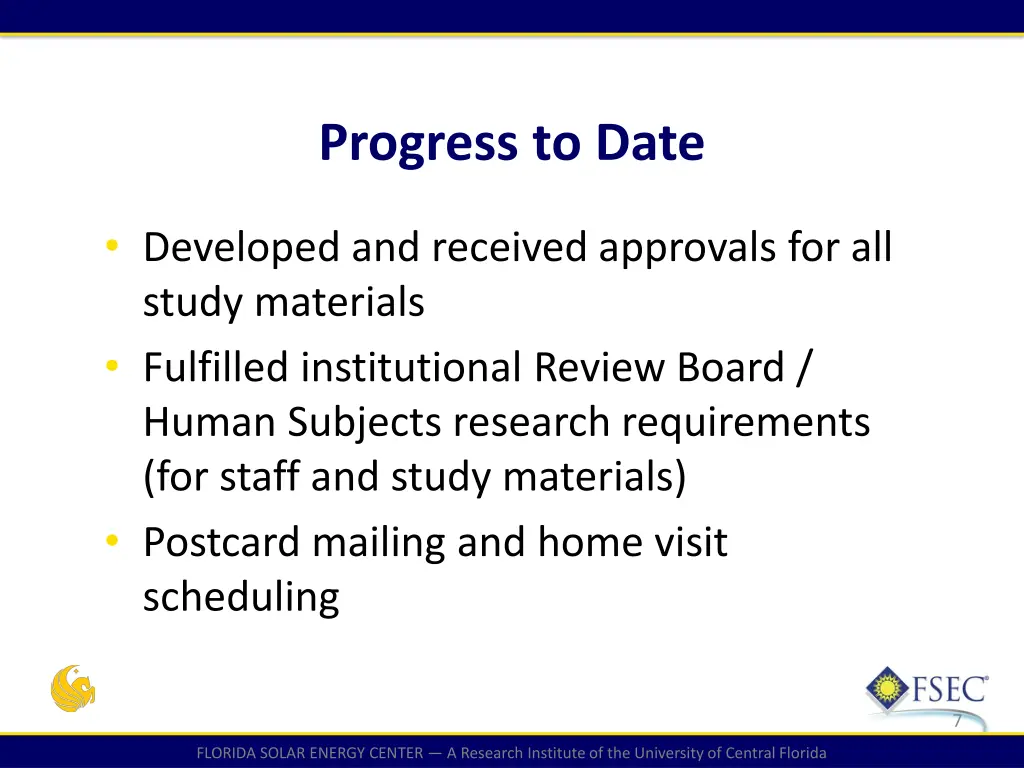 progress to date