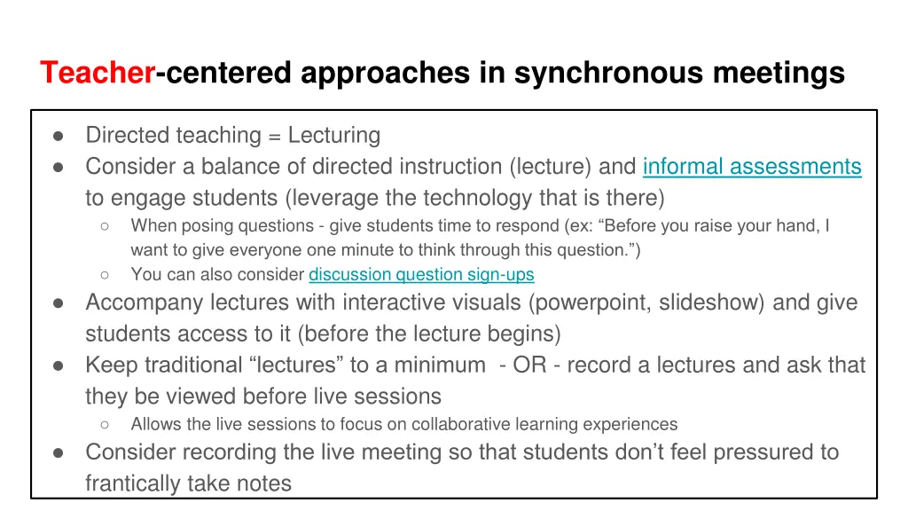 teacher centered approaches in synchronous