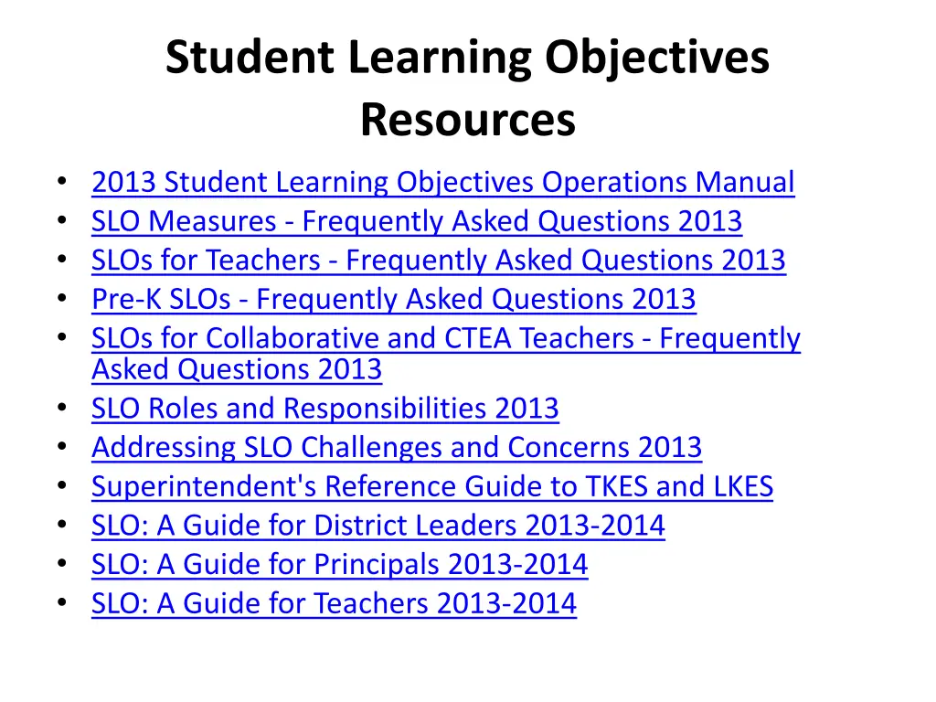 student learning objectives resources 2013