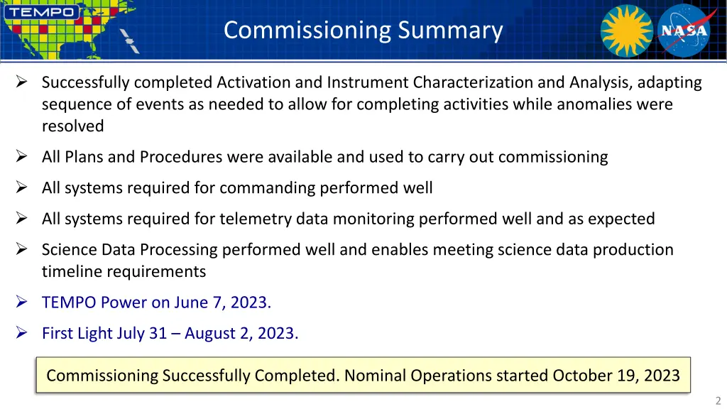commissioning summary