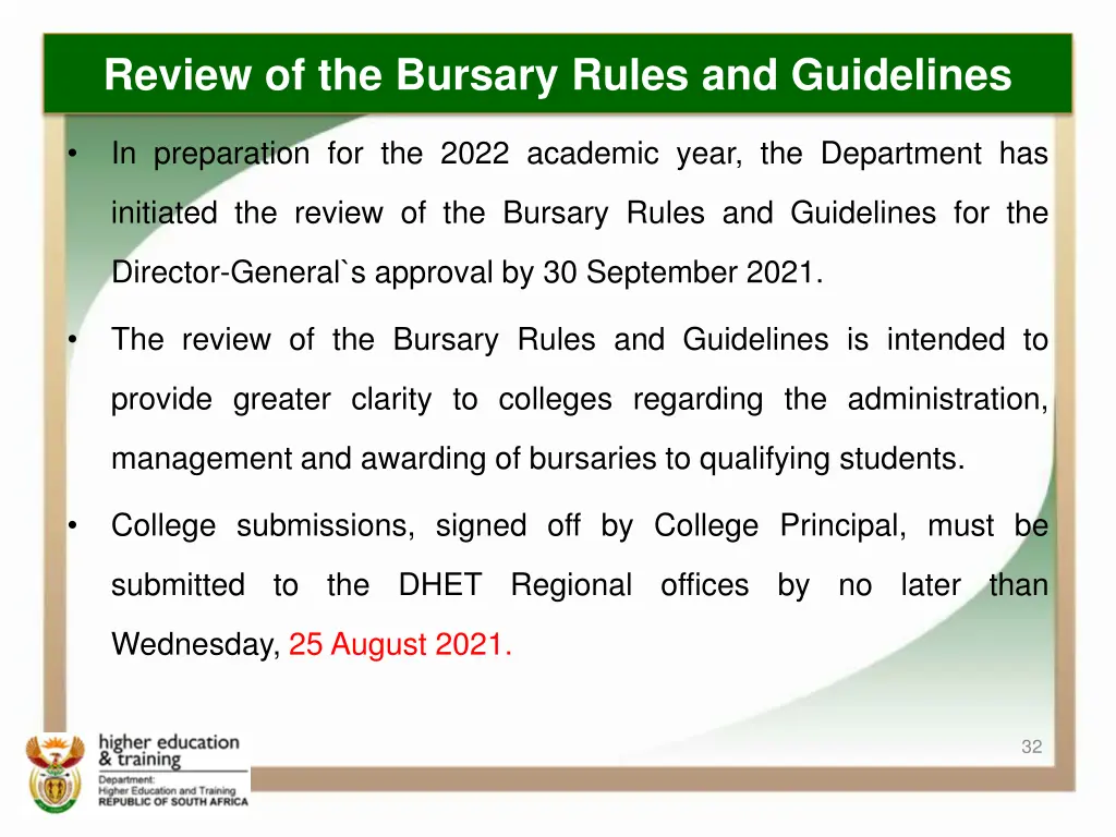 review of the bursary rules and guidelines