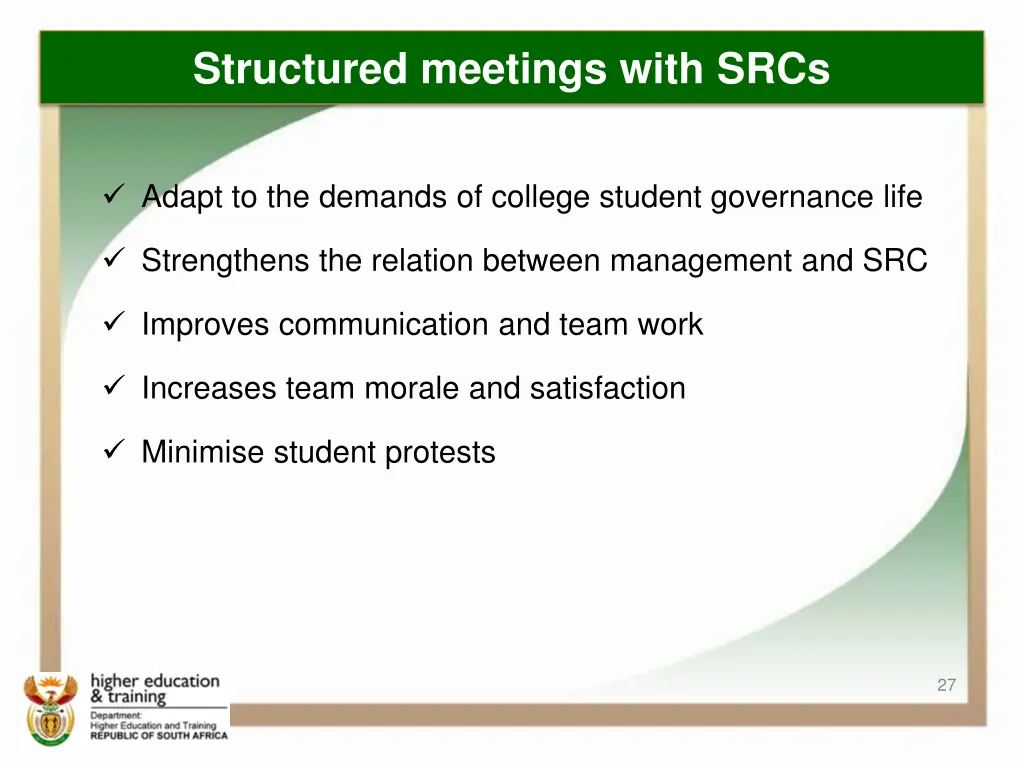structured meetings with srcs