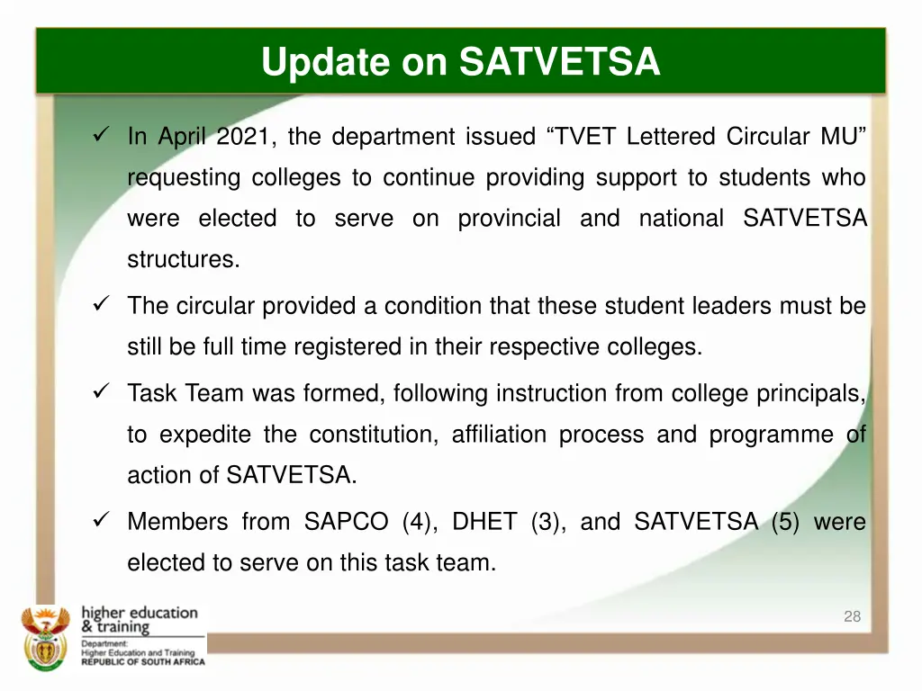 update on satvetsa