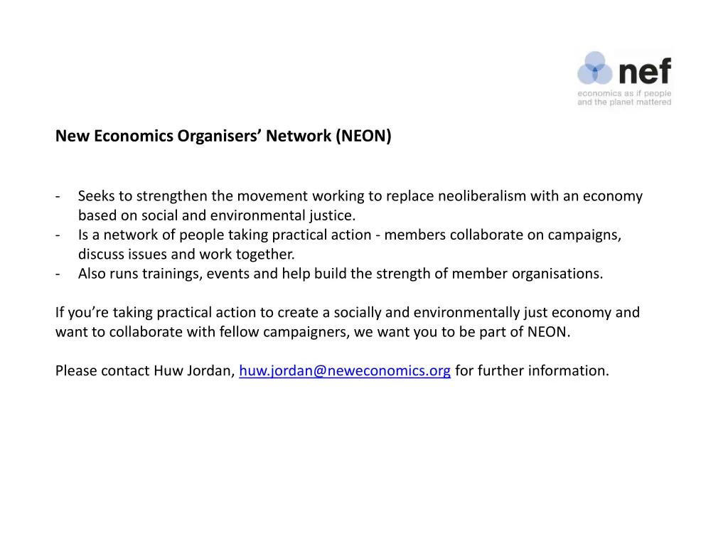 new economics organisers network neon