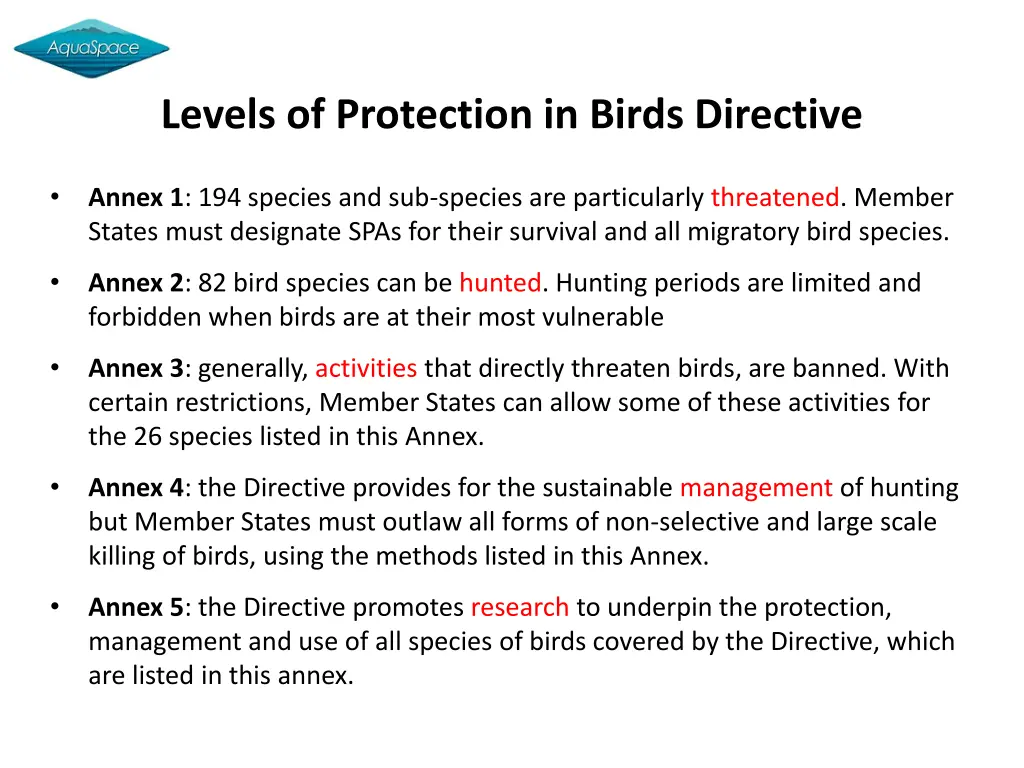 levels of protection in birds directive