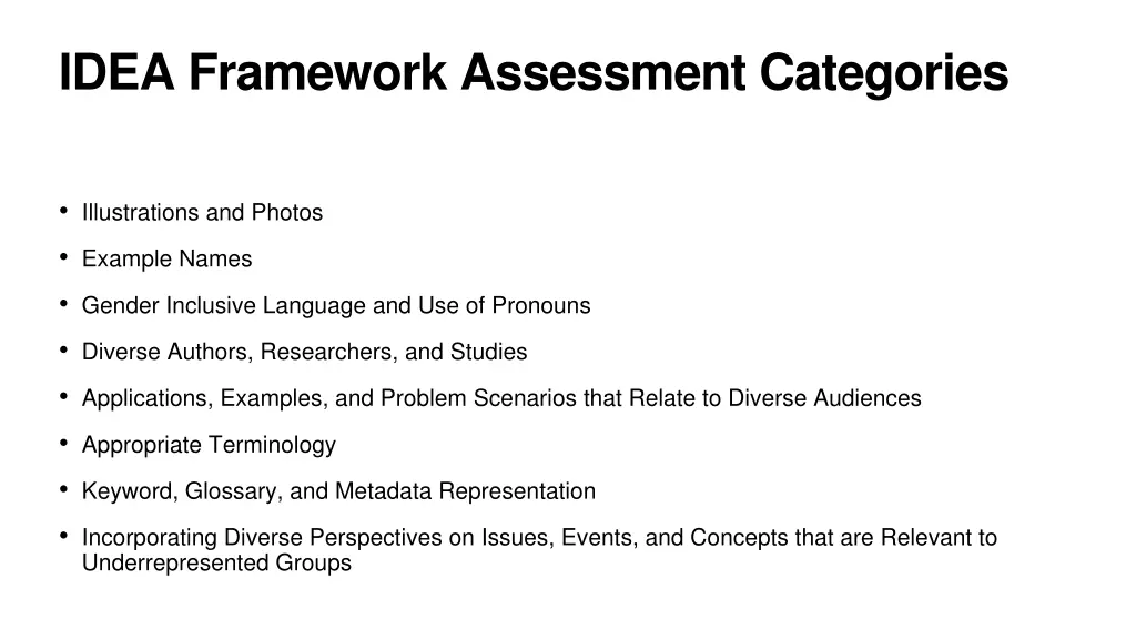 idea framework assessment categories