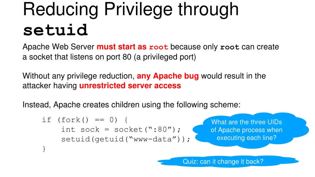reducing privilege through setuid apache