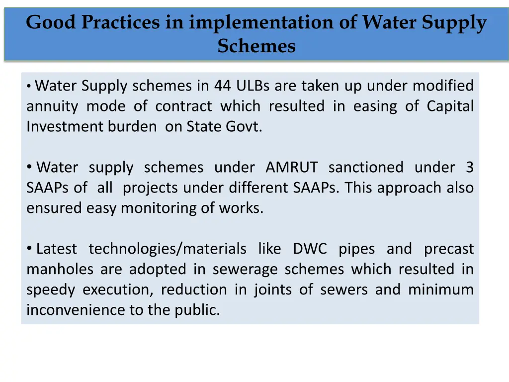 good practices in implementation of water supply