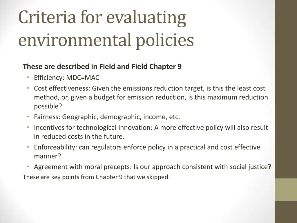 criteria for evaluating environmental policies