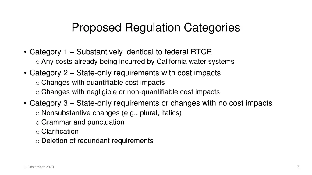 proposed regulation categories
