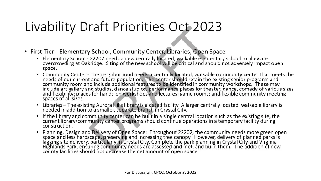 livability draft priorities oct 2023