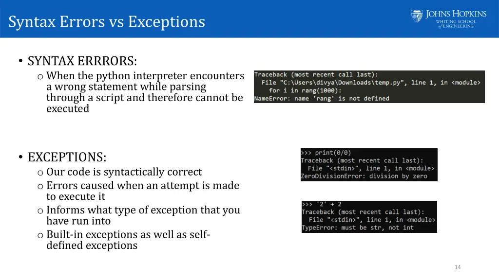 syntax errors vs exceptions