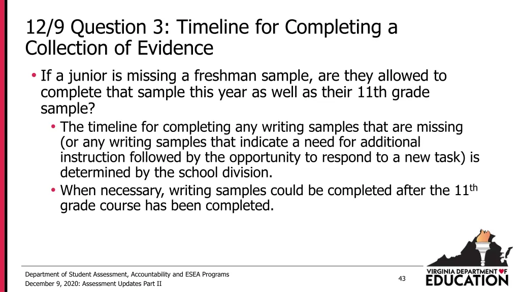 12 9 question 3 timeline for completing