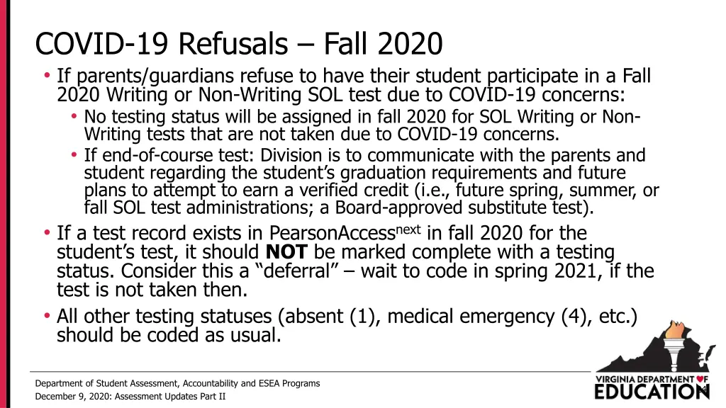 covid 19 refusals fall 2020 if parents guardians