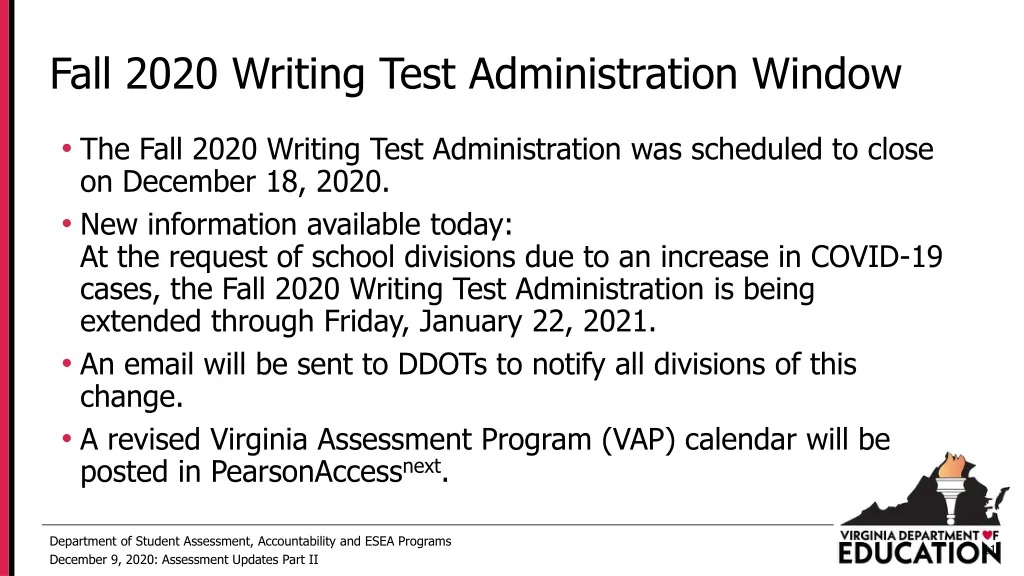 fall 2020 writing test administration window